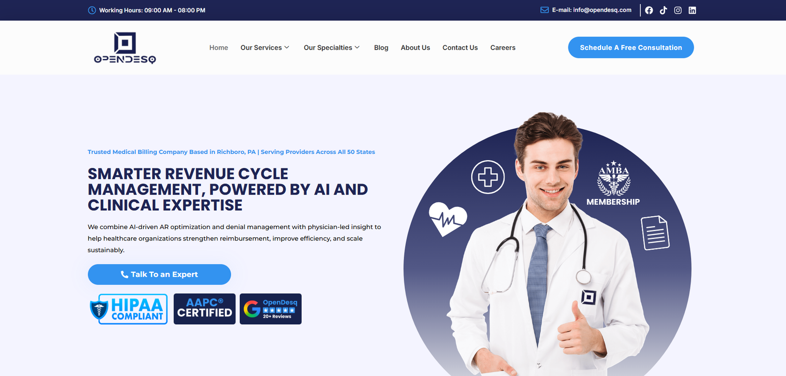 OpenDesq medical billing website homepage